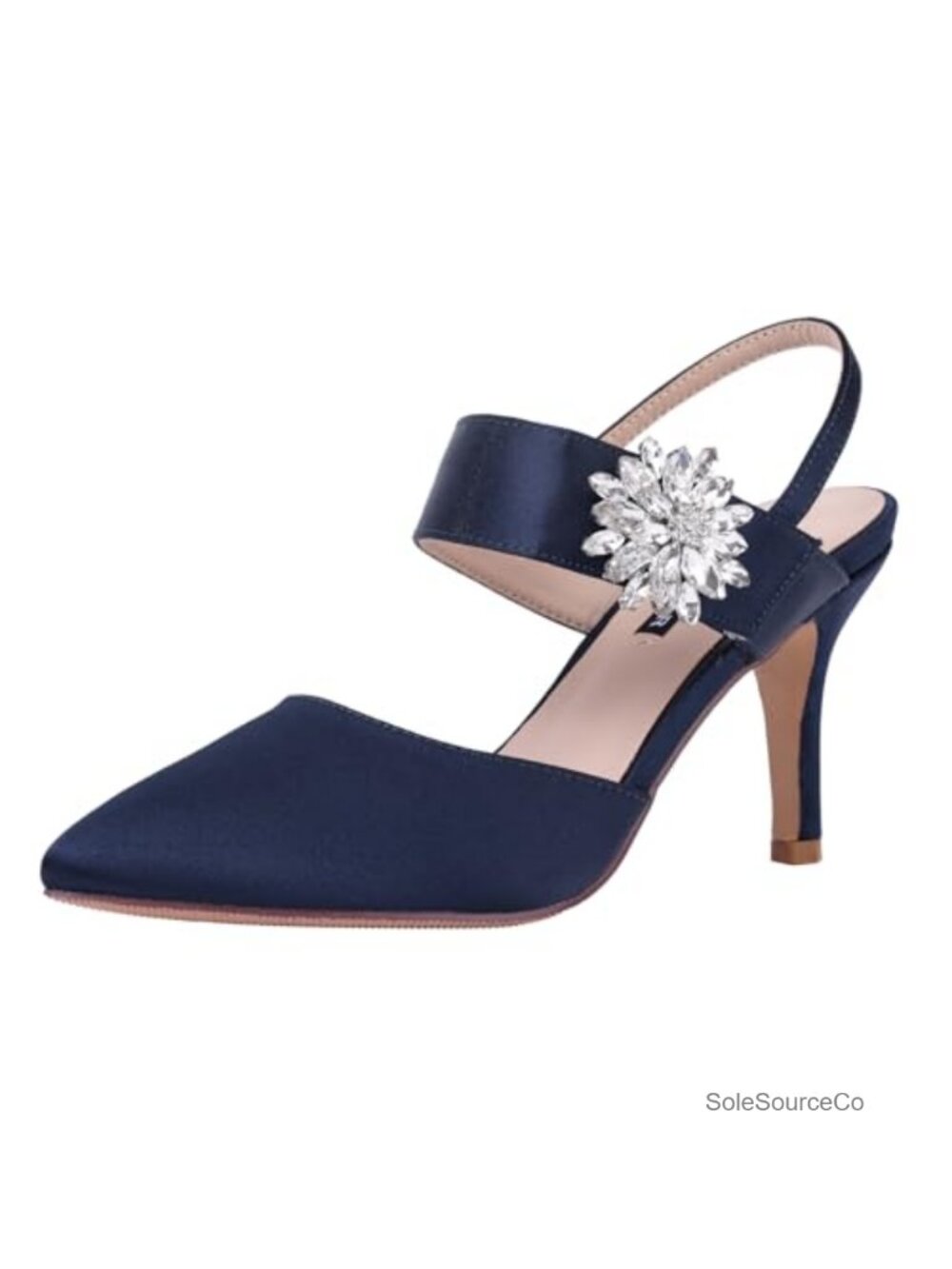 Satin Slingback Pumps Rhinestone Brooch Mid Heel Pointed Toe